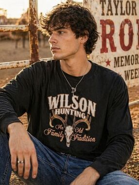 Gildan Black Long Sleeve "Wilson Hunting" Graphic Tee with Tan/White Print